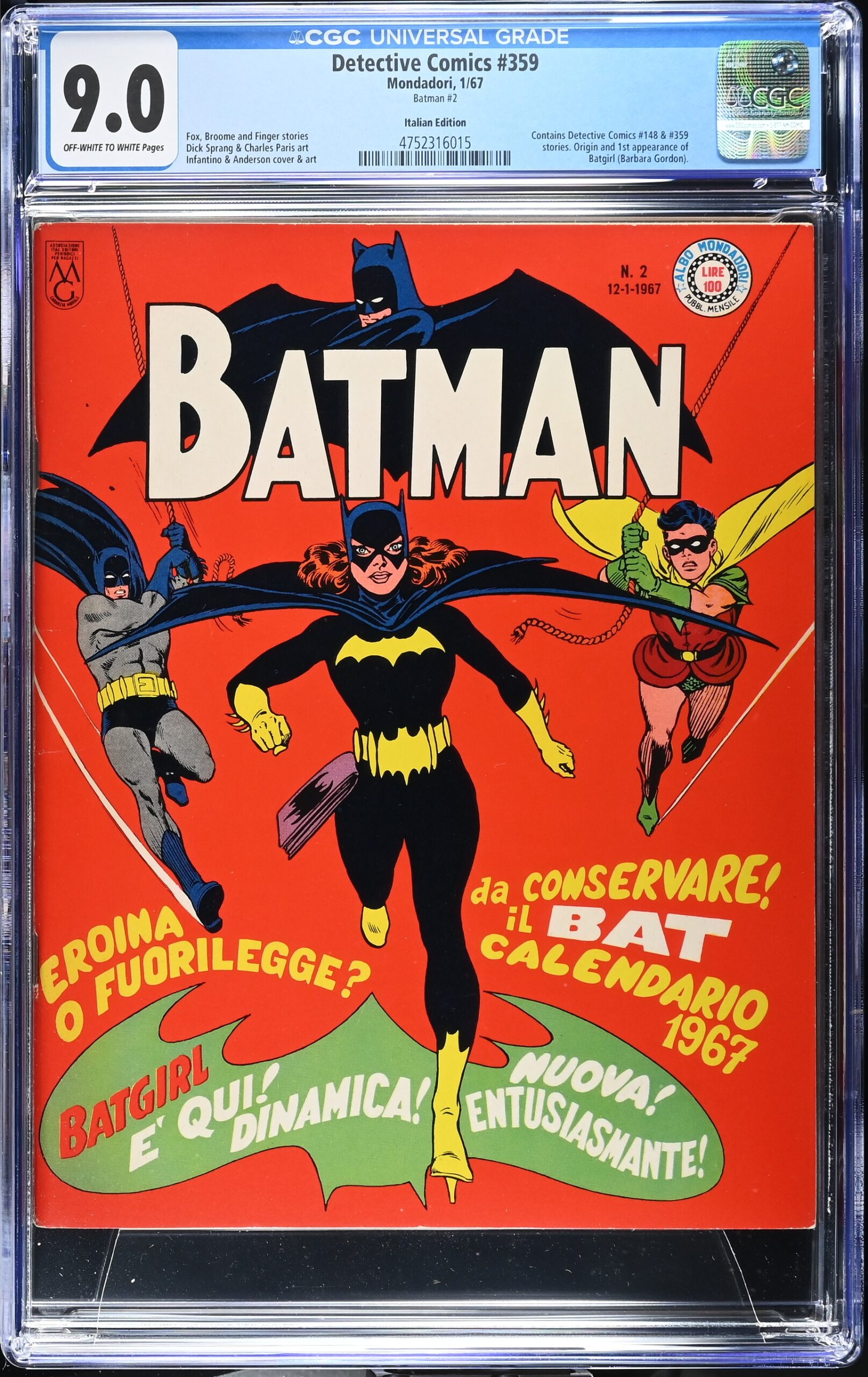 Detective Comics # 359 /Batman # 2, Mondadori 1/1967, ITALIAN Edition, CGC 9.0, TOP POP, single highest grade